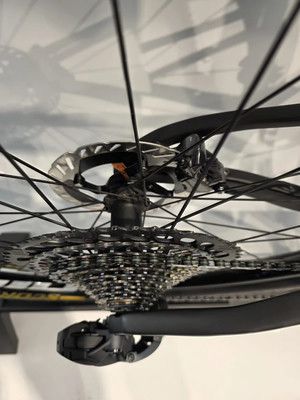 Fahrrad-Hinterradnabe mit Kassette und Scheibenbremse.