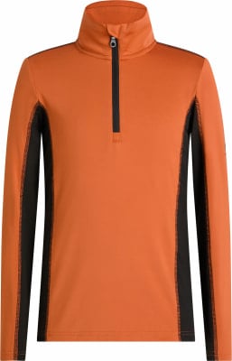Orangefarbenes Oberteil mit schwarzen Seitenbahnen und Reißverschluss am Kragen. Orangefarbenes Oberteil mit schwarzen Seitenbahnen und Reißverschluss am Kragen.