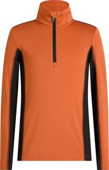 Orangefarbenes Oberteil mit schwarzen Seitenbahnen und Reißverschluss am Kragen.