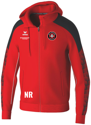 Rote Kapuzenjacke mit Logo auf der Brust und Schriftzug NR.
