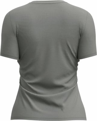 Rückansicht eines grauen kurzärmeligen T-Shirts mit dezenten Raffungen. Rückansicht eines grauen kurzärmeligen T-Shirts mit dezenten Raffungen.