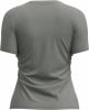 Rückansicht eines grauen kurzärmeligen T-Shirts mit dezenten Raffungen.