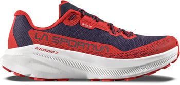 Rot-blauer La Sportiva Prodigio 2 Laufschuh mit weißer Sohle.