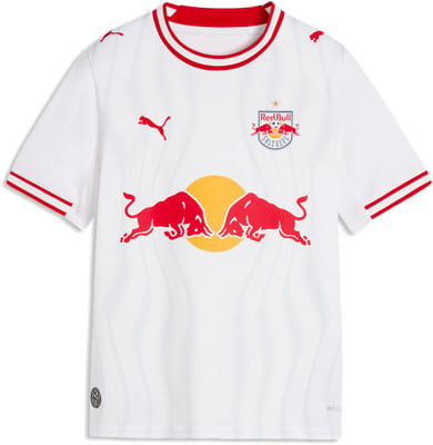 Weißes Fußballtrikot von Red Bull Salzburg mit roten Details und Logos.