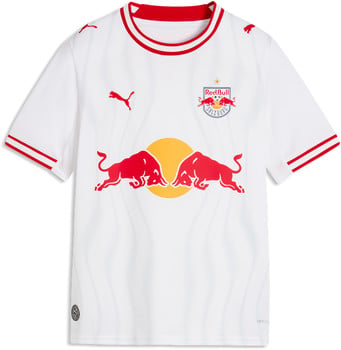 Weißes Fußballtrikot von Red Bull Salzburg mit roten Details und Logos.