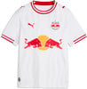 Weißes Fußballtrikot von Red Bull Salzburg mit roten Details und Logos.