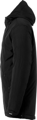 Schwarze Herrenjacke mit Kapuze, von der Seite gezeigt. Schwarze Herrenjacke mit Kapuze, von der Seite gezeigt.