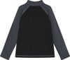 Schwarzes Langarmshirt mit grauen Ärmeln und Kragen.