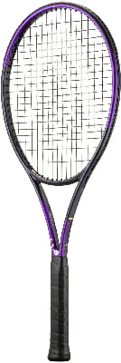 Ein Tennisschläger mit violettem Rahmen und schwarzem Griffband. Ein Tennisschläger mit violettem Rahmen und schwarzem Griffband.