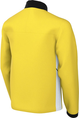 Gelbe Jacke mit schwarzem Kragen und weißem Seitenteil.