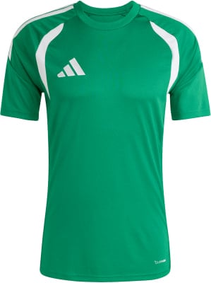 Grünes Adidas Herren-T-Shirt mit weißen Streifen an den Schultern und Logo. Grünes Adidas Herren-T-Shirt mit weißen Streifen an den Schultern und Logo.