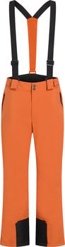 Orange Skihose mit schwarzen Hosenträgern und Details.