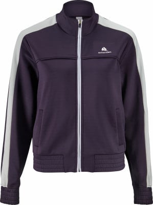Damen dunkelviolette Jacke mit weißem Streifen an den Ärmeln und Logo. Damen dunkelviolette Jacke mit weißem Streifen an den Ärmeln und Logo.