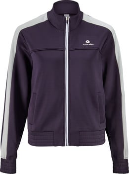 Damen dunkelviolette Jacke mit weißem Streifen an den Ärmeln und Logo.