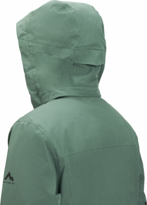 Grüne Kapuzenjacke von hinten, mit Logo auf dem Ärmel. Grüne Kapuzenjacke von hinten, mit Logo auf dem Ärmel.