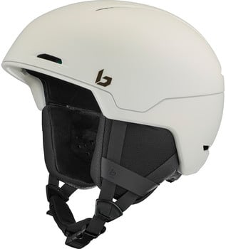 Ein weißer Skihelm mit schwarzer Polsterung und Riemen.