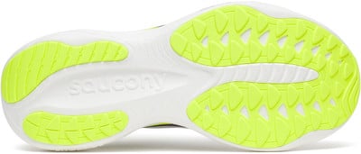 Die Sohle eines Saucony-Laufschuhs mit ausgeprägtem Profil und Markenlogo. Die Sohle eines Saucony-Laufschuhs mit ausgeprägtem Profil und Markenlogo.