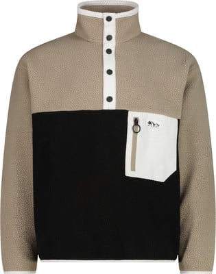 Beige und schwarzer Fleece-Pullover mit weißem Streifen und Tasche. Beige und schwarzer Fleece-Pullover mit weißem Streifen und Tasche.