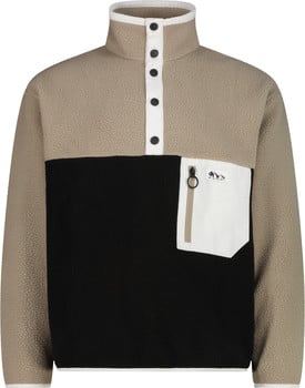 Beige und schwarzer Fleece-Pullover mit weißem Streifen und Tasche.