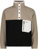 Beige und schwarzer Fleece-Pullover mit weißem Streifen und Tasche.