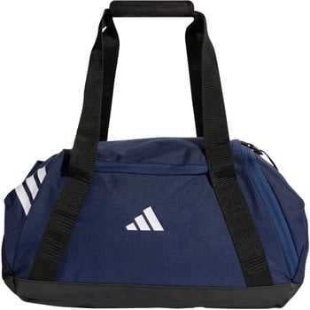 Dunkelblaue Adidas Sporttasche mit weißem Logo und Streifen.