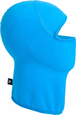 Blaue Fleece-Sturmhaube mit Gesichtsöffnung und seitlichem Logo.