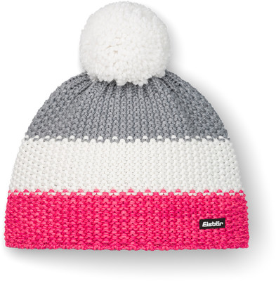 Gestrickte Bommelmütze in Grau, Weiß und Pink.