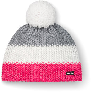 Gestrickte Bommelmütze in Grau, Weiß und Pink.