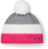 Gestrickte Bommelmütze in Grau, Weiß und Pink.
