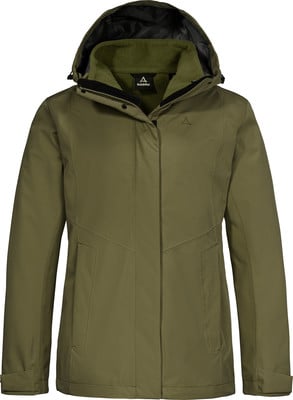 Grüne Damenjacke mit Kapuze und Schöffel-Logo auf der Brust. Grüne Damenjacke mit Kapuze und Schöffel-Logo auf der Brust.