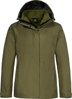 Grüne Damenjacke mit Kapuze und Schöffel-Logo auf der Brust.