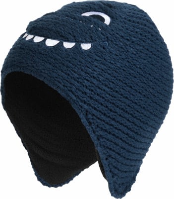 Marineblaue Strickmütze mit Tiermotiv und schwarzem Futter.