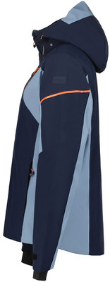 Dunkelblaue Jacke mit blauen und orangefarbenen Details, Kapuze und Logo. Dunkelblaue Jacke mit blauen und orangefarbenen Details, Kapuze und Logo.