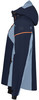Dunkelblaue Jacke mit blauen und orangefarbenen Details, Kapuze und Logo.