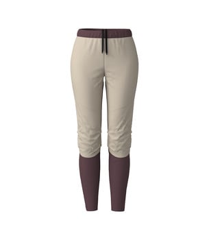 Damenhose in Beige mit dunkelweinfarbenen Bündchen und Kordelzug.