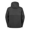 Rückansicht einer dunklen Herrenjacke mit Kapuze.