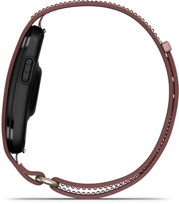 Schwarzes Smartwatch-Armband mit rosafarbenem Textilband. Schwarzes Smartwatch-Armband mit rosafarbenem Textilband.