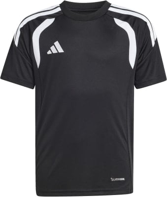 Schwarzes Adidas T-Shirt mit weißen Streifen an den Schultern und Logo.
