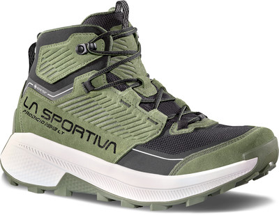 Grüner La Sportiva Wanderschuh mit weißer Sohle und schwarzen Schnürsenkeln. Grüner La Sportiva Wanderschuh mit weißer Sohle und schwarzen Schnürsenkeln.