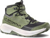 Grüner La Sportiva Wanderschuh mit weißer Sohle und schwarzen Schnürsenkeln.