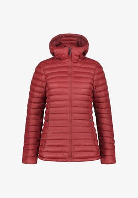 Rote gesteppte Jacke mit Kapuze und Reißverschluss. Rote gesteppte Jacke mit Kapuze und Reißverschluss.