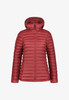 Rote gesteppte Jacke mit Kapuze und Reißverschluss.