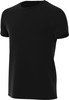 Schwarzes T-Shirt mit kurzen Ärmeln und Rundhalsausschnitt.