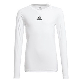 Weißes Adidas Langarmshirt mit Logo auf der Brust.