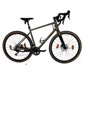 Grünes Gravelbike mit schwarzen Akzenten und braunen Reifen.