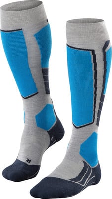 Skisocken mit blauen und grauen Einsätzen und dunkelblauer Spitze. Skisocken mit blauen und grauen Einsätzen und dunkelblauer Spitze.