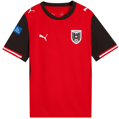 Rotes Fußballtrikot mit schwarzen Ärmeln und Österreich-Logo.