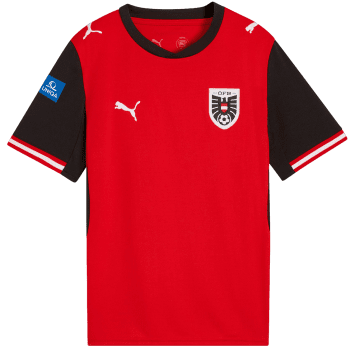Rotes Fußballtrikot mit schwarzen Ärmeln und Österreich-Logo.
