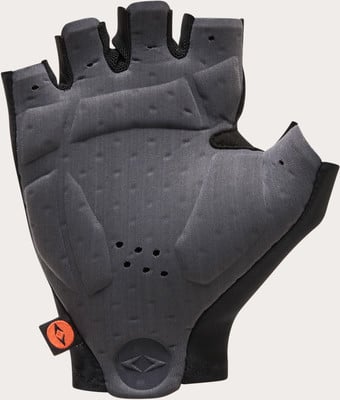 Graue Fingerlose Radsporthandschuhe mit Polsterung und Logo.