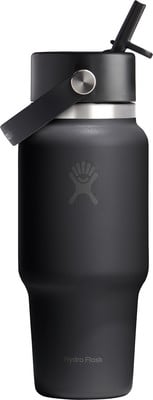 Schwarze Hydro Flask Thermoskanne mit Deckel und Strohhalm, mit Logo an der Seite. Schwarze Hydro Flask Thermoskanne mit Deckel und Strohhalm, mit Logo an der Seite.